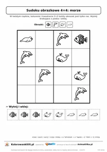 Sudoku obrazkowe 4×4 z motywem morze — karta pracy do druku z kafelkami do wycięcia i kluczem, 4–6 lat