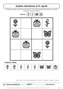 Sudoku obrazkowe 4×4 z motywem ogród — karta pracy do druku z kafelkami do wycięcia i kluczem, 4–6 lat