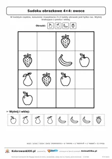 Sudoku obrazkowe 4×4 z motywem owoce — karta pracy do druku z kafelkami do wycięcia i kluczem, 4–6 lat