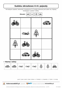 Sudoku obrazkowe 4×4 z motywem pojazdy — karta pracy do druku z kafelkami do wycięcia i kluczem, 4–6 lat