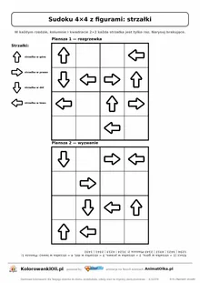 Sudoku 4×4 z figurami (strzałki) do narysowania — dwie plansze na kartce A4 z kluczem, 5–7 lat