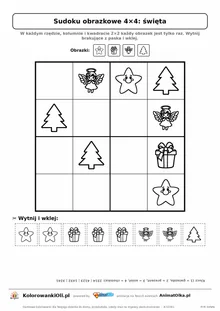 Sudoku obrazkowe 4×4 z motywem święta — karta pracy do druku z kafelkami do wycięcia i kluczem, 4–6 lat