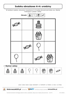 Sudoku obrazkowe 4×4 z motywem urodziny — karta pracy do druku z kafelkami do wycięcia i kluczem, 4–6 lat