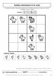 Sudoku obrazkowe 4×4 z motywem wieś — karta pracy do druku z kafelkami do wycięcia i kluczem, 4–6 lat