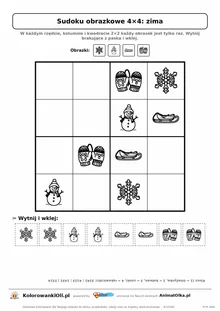 Sudoku obrazkowe 4×4 z motywem zima — karta pracy do druku z kafelkami do wycięcia i kluczem, 4–6 lat