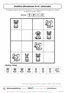 Sudoku obrazkowe 4×4 z motywem zwierzęta — karta pracy do druku z kafelkami do wycięcia i kluczem, 4–6 lat