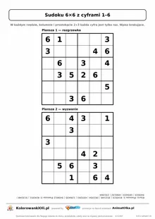Sudoku 6×6 z cyframi 1–6 dla klas 2–3 — dwie plansze (16 i 14 podpowiedzi) na jednej kartce A4, z kluczem