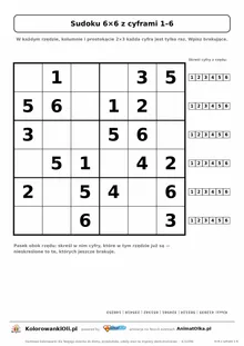 Sudoku 6×6 z cyframi 1–6 dla klas 1–2 — łatwa plansza z 20 podpowiedziami, paskiem cyfr do skreślania i kluczem