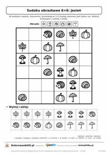 Sudoku obrazkowe 6×6 z motywem jesień — karta pracy do druku z 16 kafelkami do wycięcia i kluczem, 6–8 lat