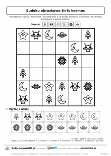 Sudoku obrazkowe 6×6 z motywem kosmos — karta pracy do druku z 16 kafelkami do wycięcia i kluczem, 6–8 lat
