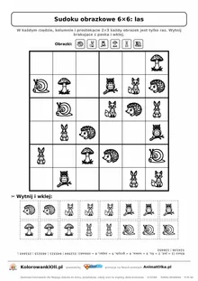 Sudoku obrazkowe 6×6 z motywem las — karta pracy do druku z 16 kafelkami do wycięcia i kluczem, 6–8 lat