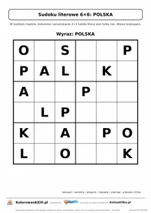 Sudoku literowe 6×6 z wyrazem POLSKA — karta pracy do druku dla klas 1–2, 18 podpowiedzi i klucz odpowiedzi