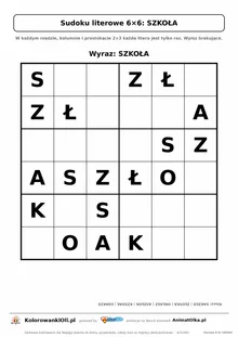 Sudoku literowe 6×6 z wyrazem SZKOŁA — karta pracy do druku dla klas 1–2, 18 podpowiedzi i klucz odpowiedzi