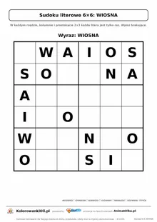 Sudoku literowe 6×6 z wyrazem WIOSNA — karta pracy do druku dla klas 1–2, 18 podpowiedzi i klucz odpowiedzi