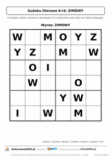 Sudoku literowe 6×6 z wyrazem ZIMOWY — karta pracy do druku dla klas 1–2, 18 podpowiedzi i klucz odpowiedzi
