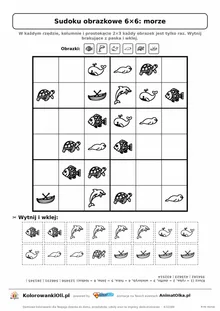 Sudoku obrazkowe 6×6 z motywem morze — karta pracy do druku z 16 kafelkami do wycięcia i kluczem, 6–8 lat