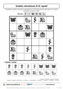 Sudoku obrazkowe 6×6 z motywem ogród — karta pracy do druku z 16 kafelkami do wycięcia i kluczem, 6–8 lat