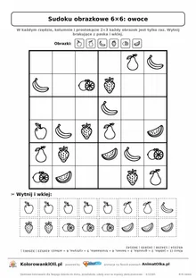 Sudoku obrazkowe 6×6 z motywem owoce — karta pracy do druku z 16 kafelkami do wycięcia i kluczem, 6–8 lat