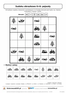 Sudoku obrazkowe 6×6 z motywem pojazdy — karta pracy do druku z 16 kafelkami do wycięcia i kluczem, 6–8 lat