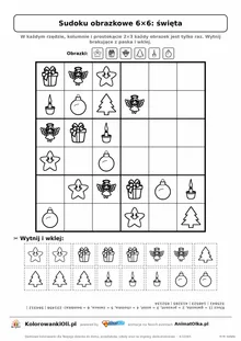 Sudoku obrazkowe 6×6 z motywem święta — karta pracy do druku z 16 kafelkami do wycięcia i kluczem, 6–8 lat