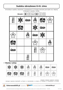 Sudoku obrazkowe 6×6 z motywem zima — karta pracy do druku z 16 kafelkami do wycięcia i kluczem, 6–8 lat