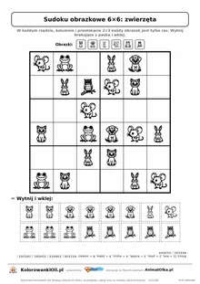 Sudoku obrazkowe 6×6 z motywem zwierzęta — karta pracy do druku z 16 kafelkami do wycięcia i kluczem, 6–8 lat