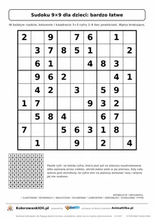 Sudoku 9×9 dla dzieci, bardzo łatwe: klasyczna plansza z 46 podpowiedziami, paskiem cyfr 1–9 do skreślania i kluczem, A4