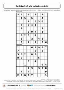 Sudoku 9×9 dla dzieci, średnie: dwie plansze po 36 podpowiedzi na jednej kartce A4, klucz do obu na dole