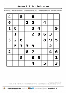 Sudoku 9×9 dla dzieci, łatwe: 40 podpowiedzi, jedna duża plansza na kartce A4 i klucz odpowiedzi do góry nogami