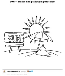 SUN — słońce nad plażowym parasolem — kolorowanka do wydruku dla dzieci