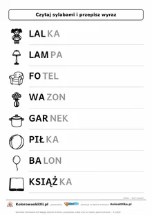 Czytanie sylabami dom i zabawki — karta do druku: 8 wyrazów podzielonych na sylaby z obrazkami (LAL-KA, LAM-PA, FO-TEL)
