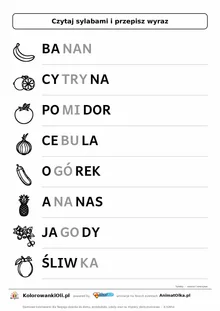 Czytanie sylabami owoce i warzywa — karta do druku: 8 wyrazów podzielonych na sylaby z obrazkami (BA-NAN, CY-TRY-NA, PO-MI-DO