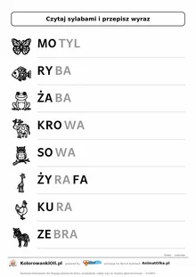 Czytanie sylabami zwierzęta — karta do druku: 8 wyrazów podzielonych na sylaby z obrazkami (MO-TYL, RY-BA, ŻA-BA)