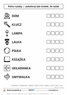 Policz sylaby dom i zabawki — karta do druku z obrazkami i kratkami do pokolorowania, 8 wyrazów od 1 do 4 sylab, z kluczem