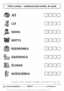 Policz sylaby las i łąka — karta do druku z obrazkami i kratkami do pokolorowania, 8 wyrazów od 1 do 4 sylab, z kluczem