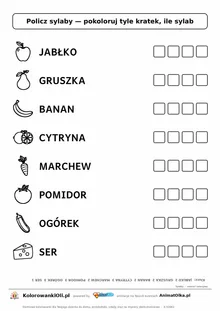 Policz sylaby owoce i warzywa — karta do druku z obrazkami i kratkami do pokolorowania, 8 wyrazów od 1 do 3 sylab, z kluczem