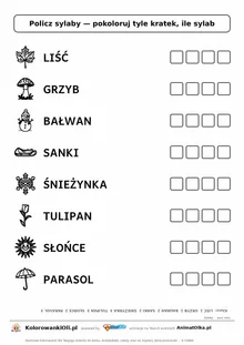 Policz sylaby pory roku — karta do druku z obrazkami i kratkami do pokolorowania, 8 wyrazów od 1 do 3 sylab, z kluczem