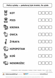 Policz sylaby zwierzęta — karta do druku z obrazkami i kratkami do pokolorowania, 8 wyrazów od 1 do 4 sylab, z kluczem