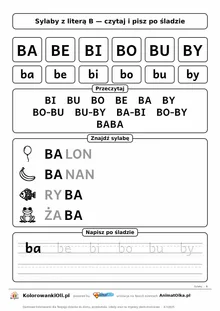 Sylaby z literą B (BA, BE, BI, BO, BU, BY) — karta do nauki czytania sylabami z obrazkami i sylabami po śladzie, do druku