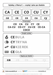 Sylaby z literą C (CA, CE, CO, CU, CY) — karta do nauki czytania sylabami z obrazkami i sylabami po śladzie, do druku