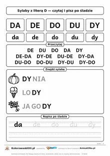 Sylaby z literą D (DA, DE, DO, DU, DY) — karta do nauki czytania sylabami z obrazkami i sylabami po śladzie, do druku