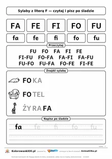 Sylaby z literą F (FA, FE, FI, FO, FU) — karta do nauki czytania sylabami z obrazkami i sylabami po śladzie, do druku