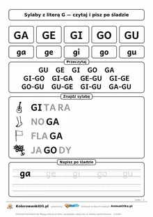 Sylaby z literą G (GA, GE, GI, GO, GU) — karta do nauki czytania sylabami z obrazkami i sylabami po śladzie, do druku