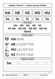 Sylaby z literą H (HA, HE, HI, HO, HU) — karta do nauki czytania sylabami z obrazkami i sylabami po śladzie, do druku