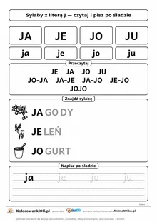 Sylaby z literą J (JA, JE, JO, JU) — karta do nauki czytania sylabami z obrazkami i sylabami po śladzie, do druku