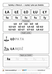 Sylaby z literą Ł (ŁA, ŁE, ŁO, ŁU, ŁY) — karta do nauki czytania sylabami z obrazkami i sylabami po śladzie, do druku