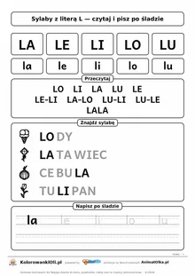 Sylaby z literą L (LA, LE, LI, LO, LU) — karta do nauki czytania sylabami z obrazkami i sylabami po śladzie, do druku