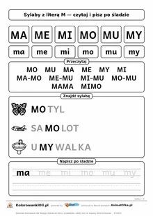 Sylaby z literą M (MA, ME, MI, MO, MU, MY) — karta do nauki czytania sylabami z obrazkami i sylabami po śladzie, do druku