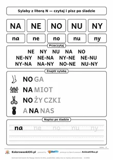 Sylaby z literą N (NA, NE, NO, NU, NY) — karta do nauki czytania sylabami z obrazkami i sylabami po śladzie, do druku