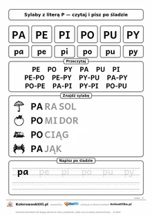 Sylaby z literą P (PA, PE, PI, PO, PU, PY) — karta do nauki czytania sylabami z obrazkami i sylabami po śladzie, do druku